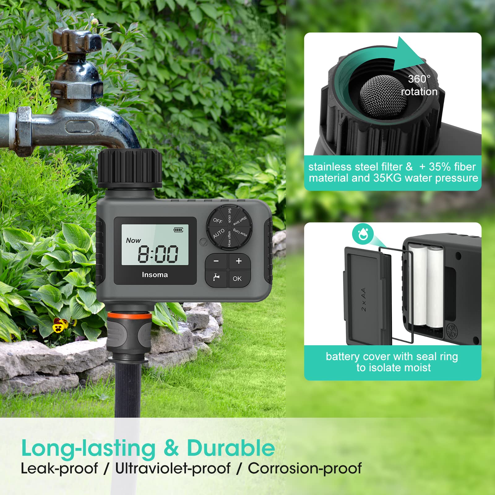 Insoma Automatische watertimer Intelligent irrigatiebewateringssysteem Sprinklertimer Tuinprogrammeur Apparatuur IPX7 LCD-scherm
