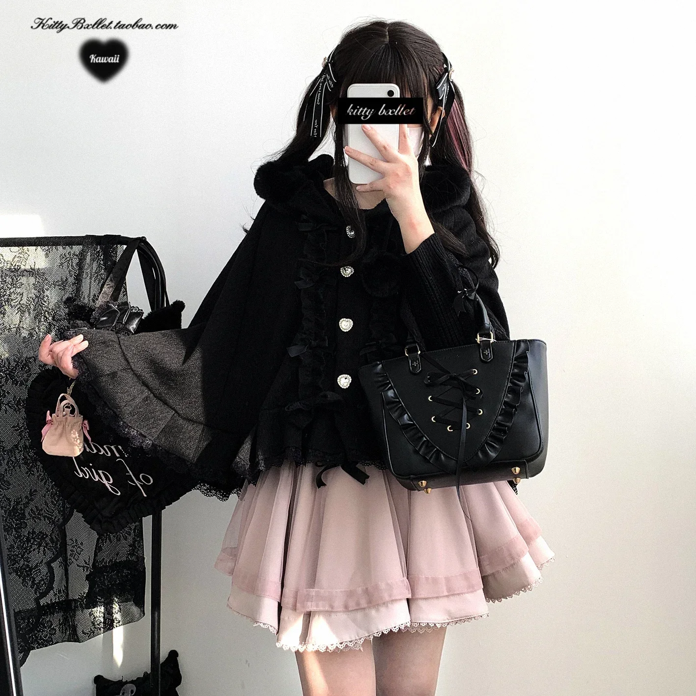 Capa con capucha de minas japonesas para mujer, Ponchos rosas con lazo y borde de encaje de un solo pecho, Ponchos rosas para niña, capas para mujer, novedad de invierno 2024
