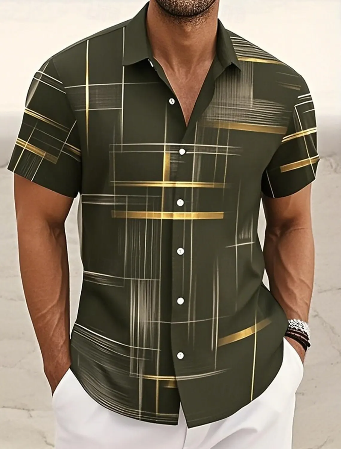 Sommer Herren Geometrisches Gitter Plaid Hemden KurzarmTurndown Hawaiihemd Button Up Hemden Keine Taschen Hemden