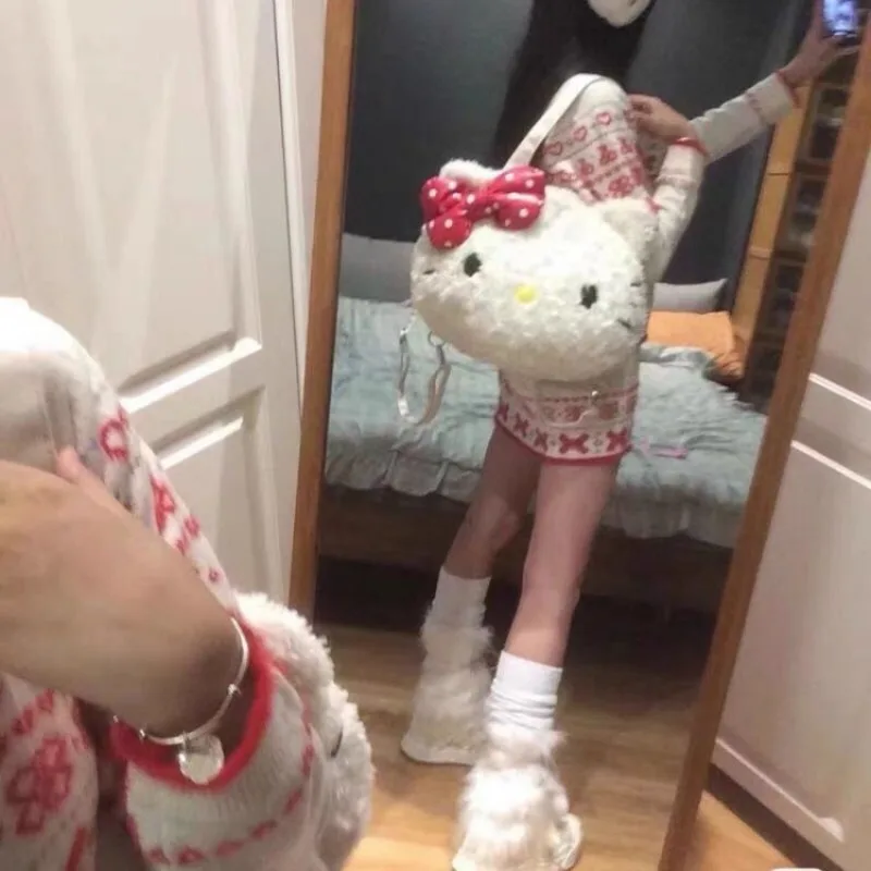 MBTI Hello Kitty bolso de hombro de felpa para mujer, bolso de mano de gran capacidad con dibujos animados suaves y esponjosos, bolso informal de estilo japonés