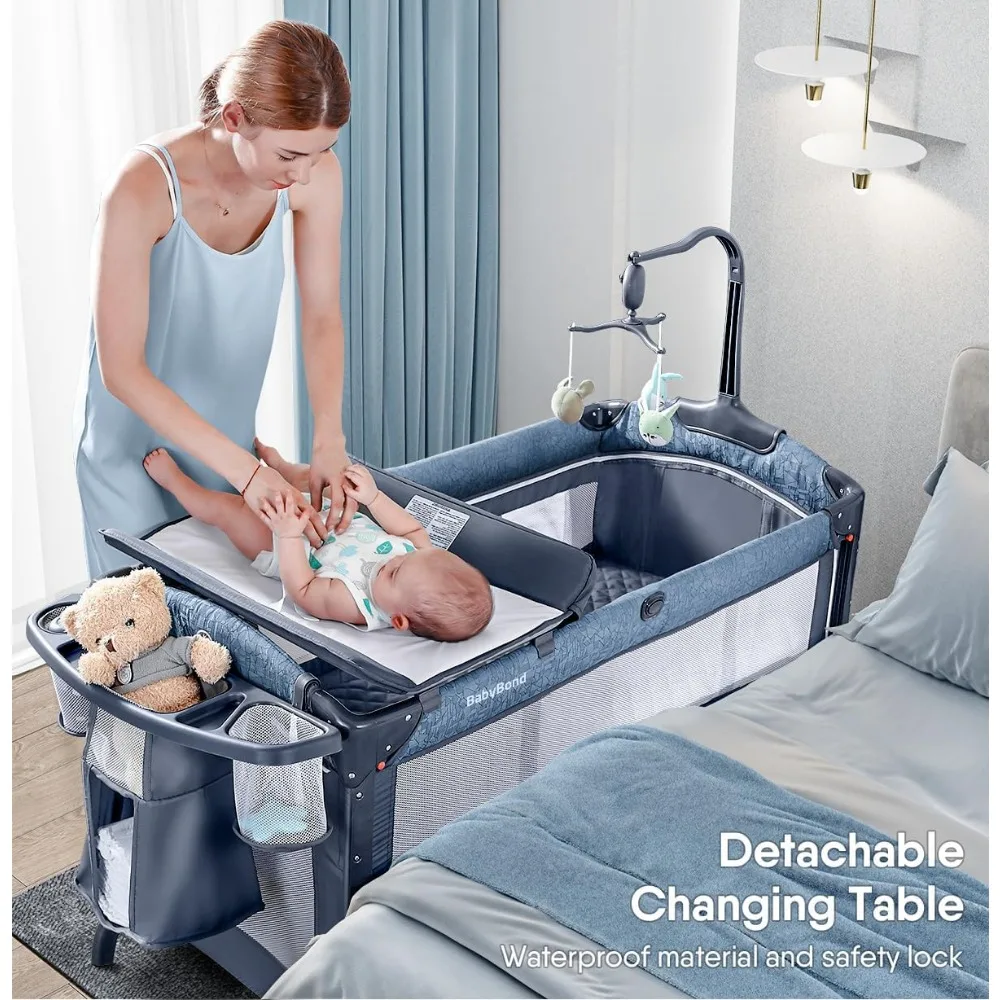 Bassinet Bedside Crib, Pack and Play with Sheet, Diaper Changing Table and Music Mobile from Newborn to Toddles, Portable