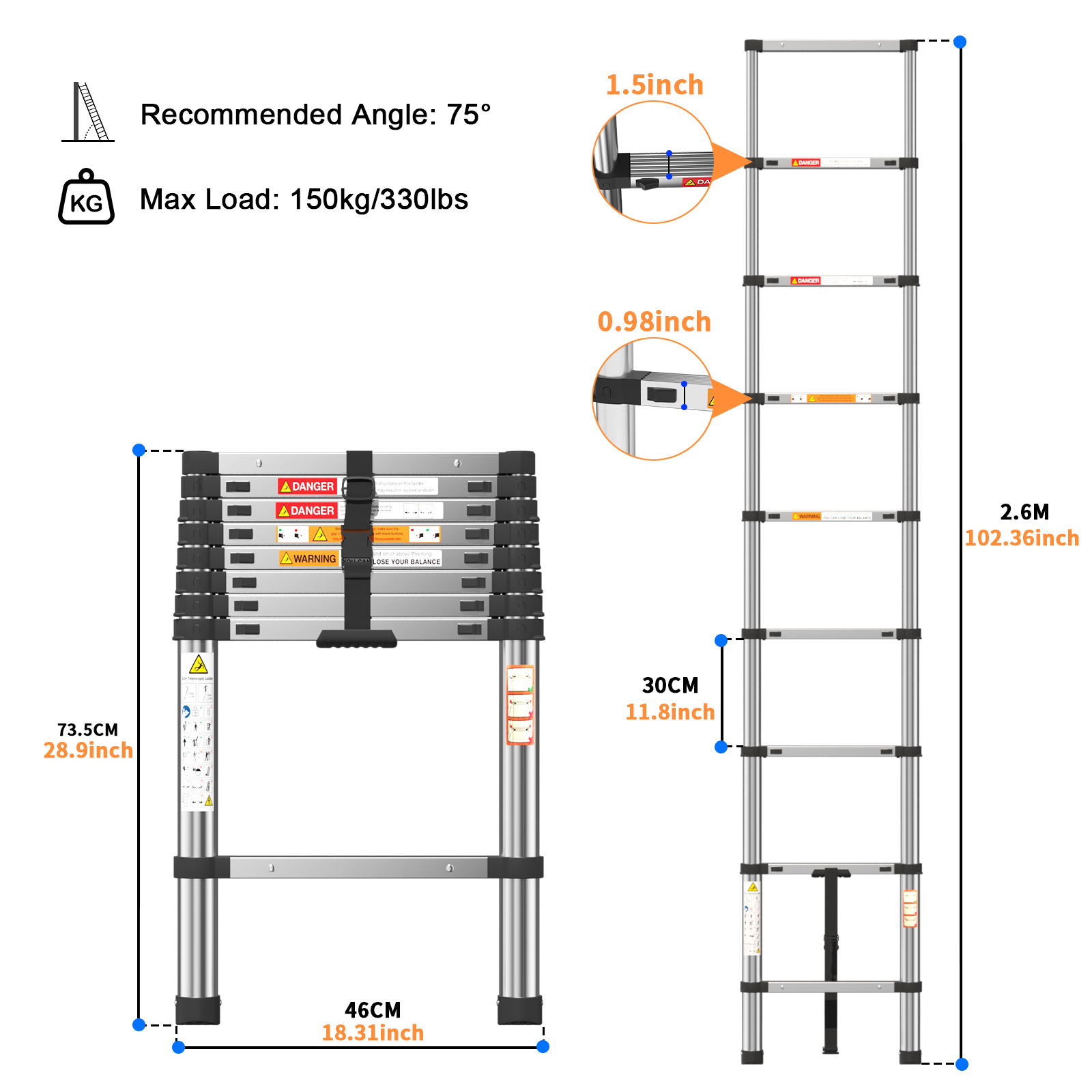 2.6m–3.2m steel telescopic ladder, folding telescopic ladder, height-adjustable, suitable for aerial and outdoor workers
