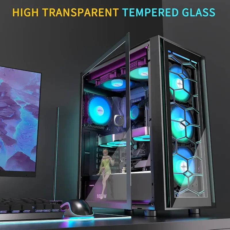 Mid Tower Gaming PC Case, 6 PWM ARGB Fans Pre-Installed, Opening Tempered Glass Door, USB 3.0 x 2, Computer Case