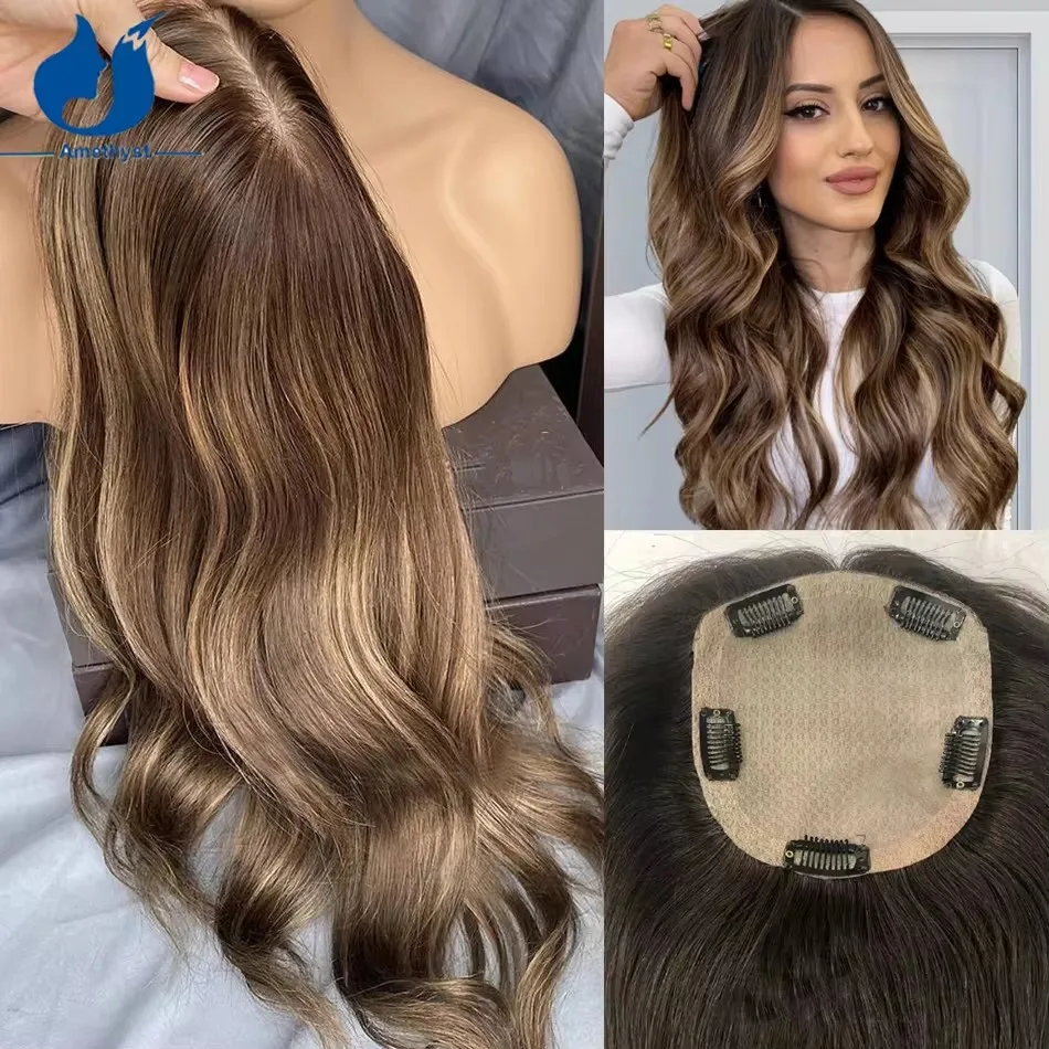 Ametista destaque loira onda virgem cabelo humano base de seda topper cabelo europeu para mulheres balayage cor 5 "x 6" seda superior peruca