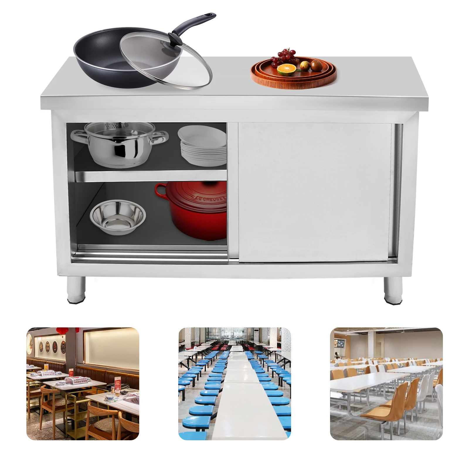 3-Tier Rustproof Steel Schiebetüren Kommerzieller Workstisch Silver Kitchen Workstisch Schrank Mit Türen