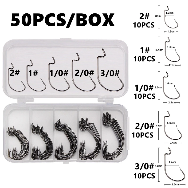 50 ชิ้นกล่องตะขอตกปลาชุด Jig Crank ตะขอหนามสูงคาร์บอนสแตนเลสกว้าง Gap Offset Fishhook Soft Worm Sea Hook Tackle