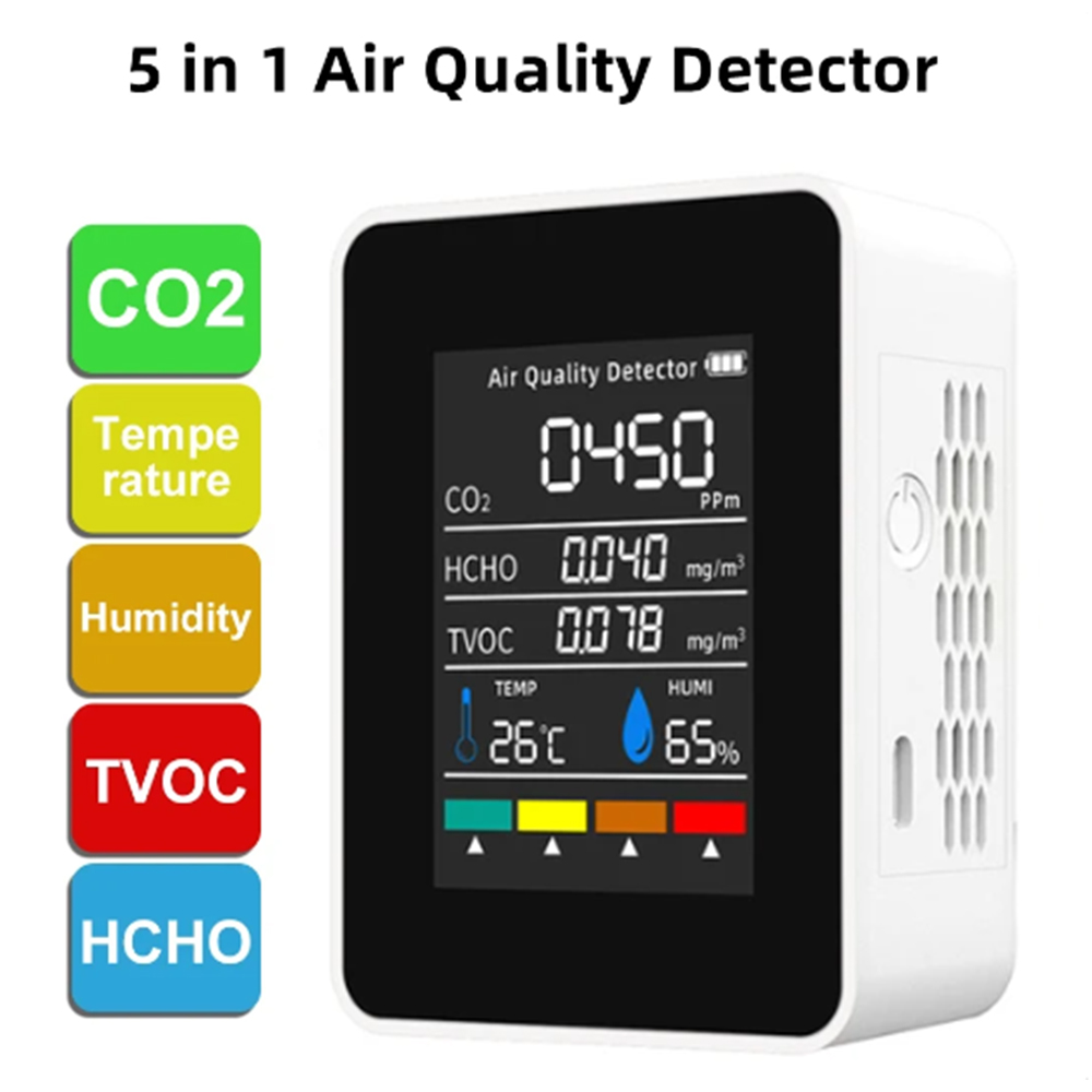 5 in 1 Digital Air Quality Monitor CO2 HCHO TVOC ความชื้นและอุณหภูมิ CO2 เครื่องทดสอบ LCD ชาร์จ