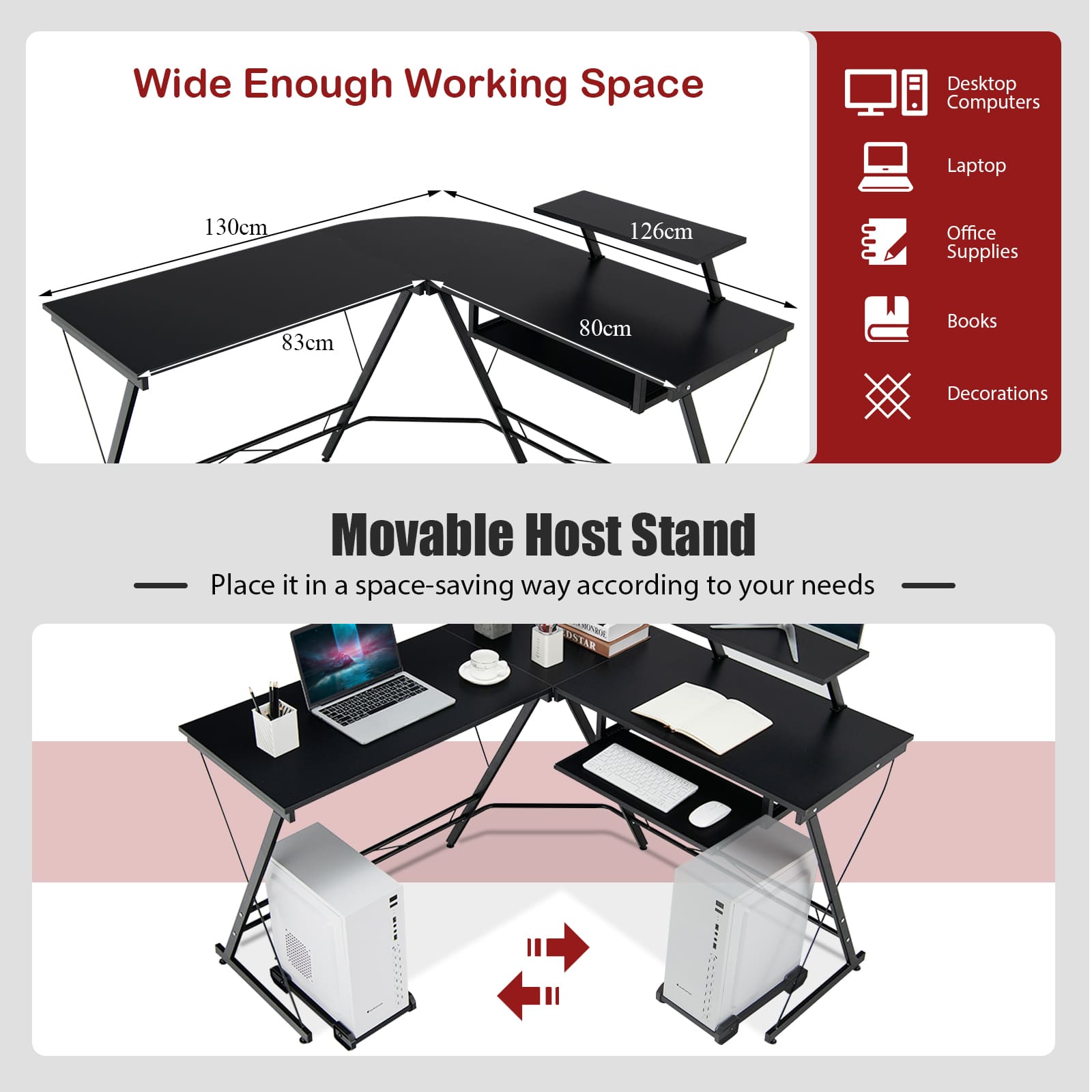 GOFLAME L-Shaped Computer Desk Home Office Corner Workstation w/ Movable Host Stand