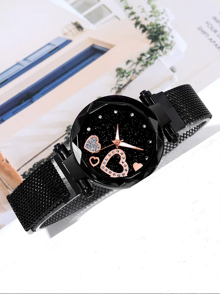 5 uds moda mujer cielo estrellado amor malla de hierro absorbente con reloj de cuarzo + conjunto combinado de pulsera