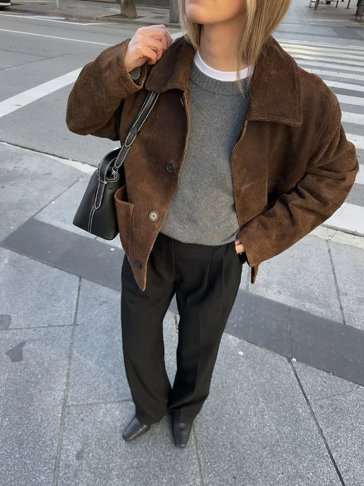 Vintage Brown Lapel Women's Jacket With Pocket Casual Loose Single Breasted Long Sleeve Coat Chic Lady High Street Commute Coats
