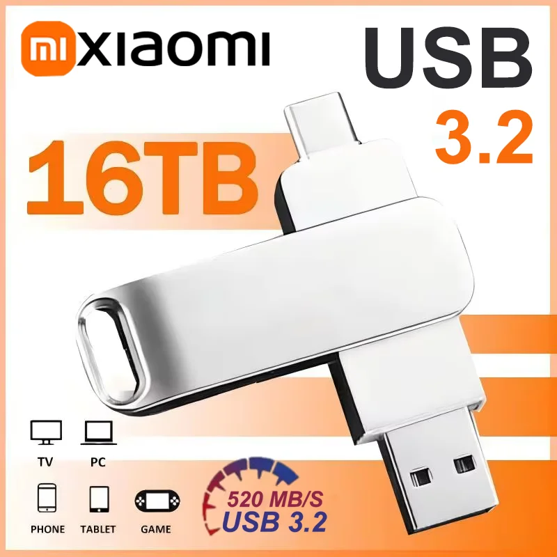 Xiaomi 16 ТБ USB3.2 Флэш-накопитель Металлический высокоскоростной флэш-накопитель 8 ТБ 4 ТБ Водонепроницаемый USB-накопитель Type-C для компьютерных устройств
