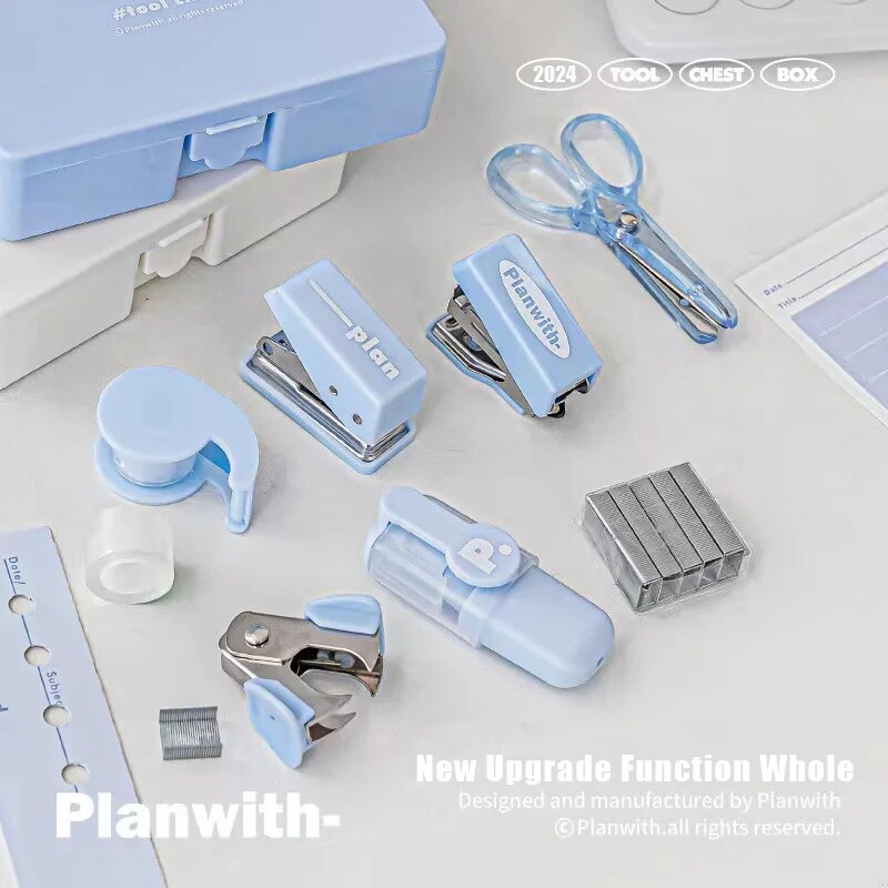 1 boîte de plan avec efficacité multifonctionnelle Eet boîte à outils 8 pièces poinçonneuse agrafeuse ciseaux ruban Machine registre à main