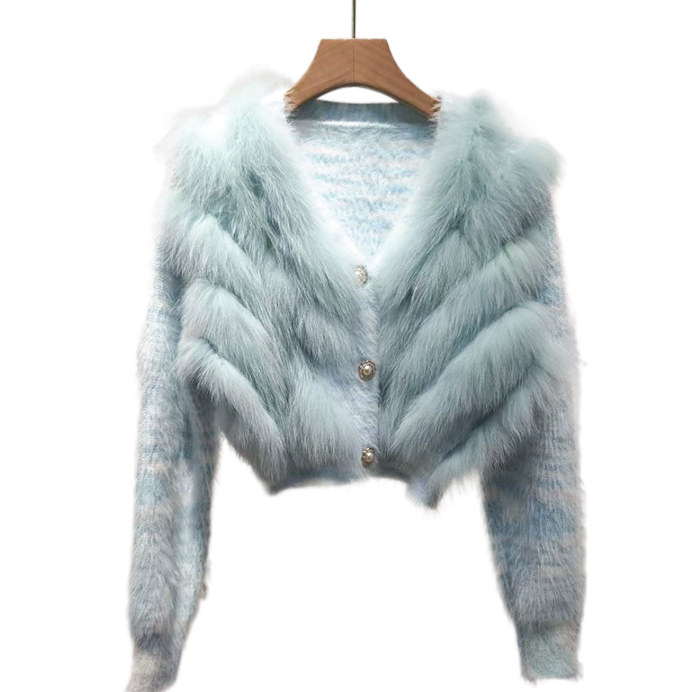 ZDFURS-suéter de piel de zorro Real para mujer, cárdigan corto con costuras, abrigo peludo, Tops de primavera y otoño, novedad de 2023