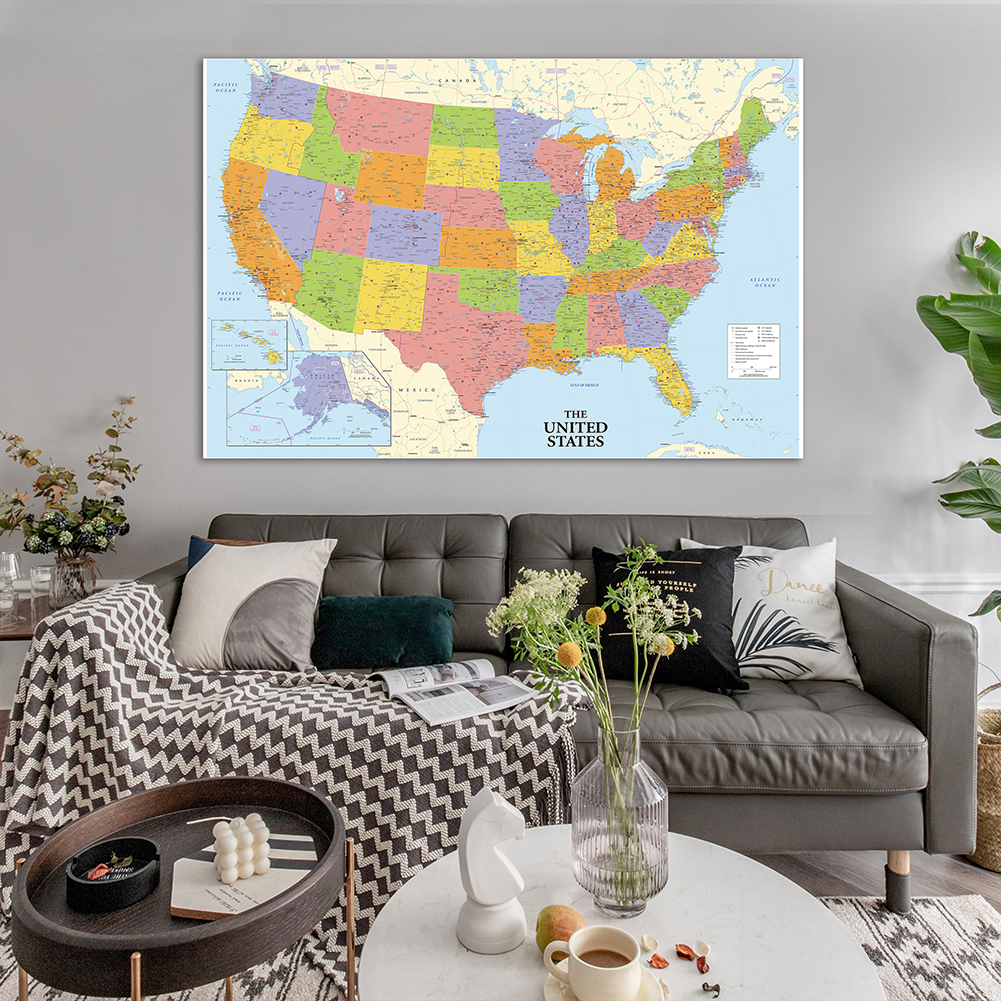 Unframed Print Non-Woven Canvas Painting, The United State Map, Sala de estar, Decoração do lar, Material escolar, 100x70cm