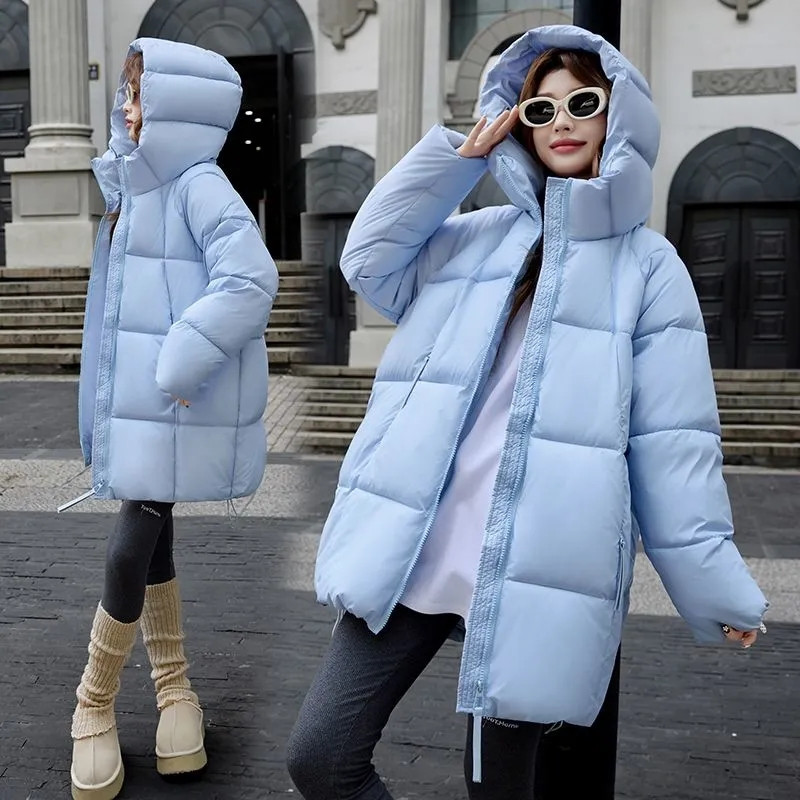 2025 inverno novo casaco feminino parkas moda longo com capuz outerwear feminino algodão-acolchoado jaqueta solta senhoras overwear