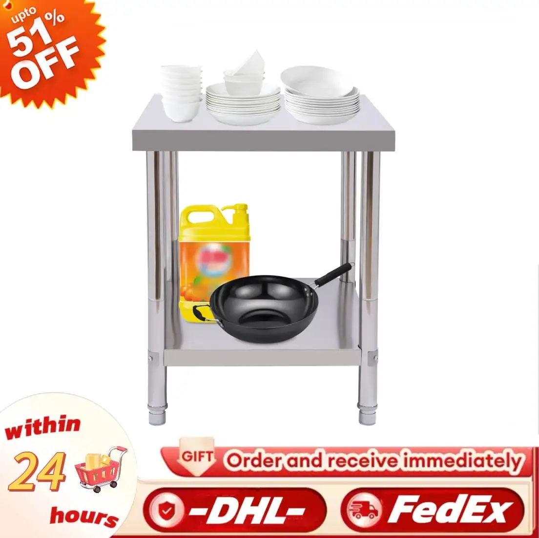 Edelstahltisch für Zubereitung und Arbeit, 61 x 45,7 cm, kommerzieller, robuster 400 kg Lebensmittelzubereitungs-Arbeitstisch mit Unterscheibe für Restaurant/Zuhause