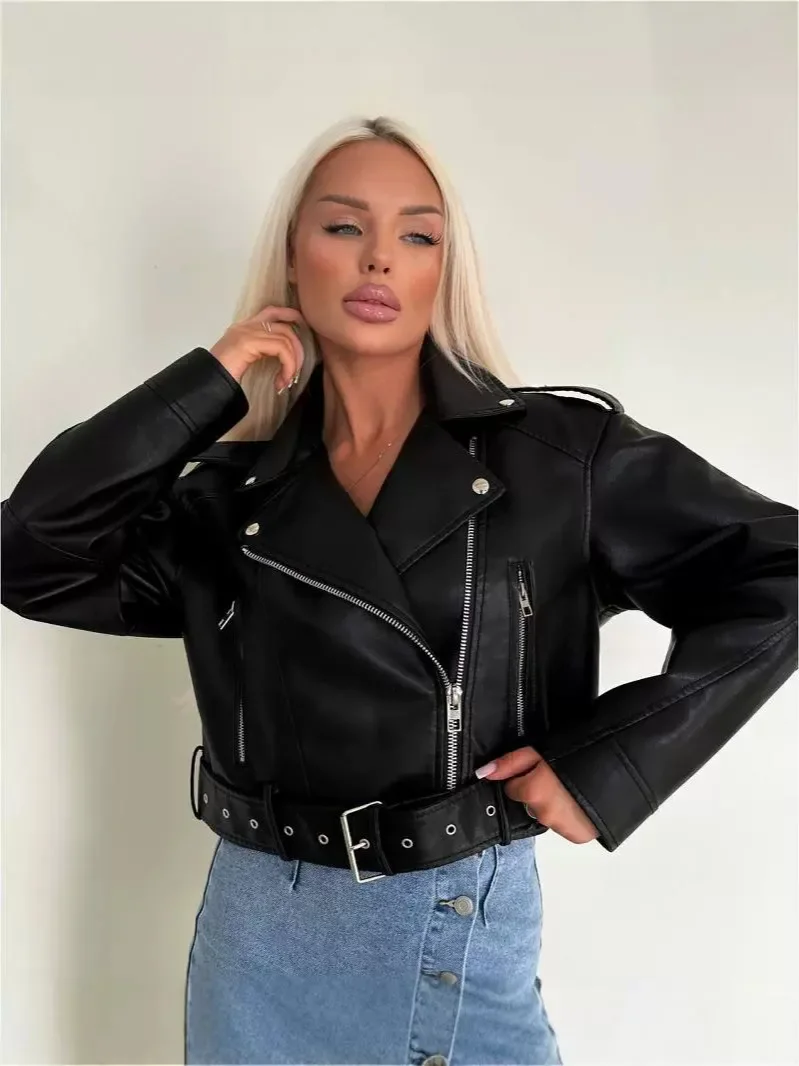 Chaqueta corta de piel sintética holgada Vintage de gran tamaño para mujer, ropa de calle con cinturón, abrigo Retro de motociclista con cremallera para mujer, prendas de vestir