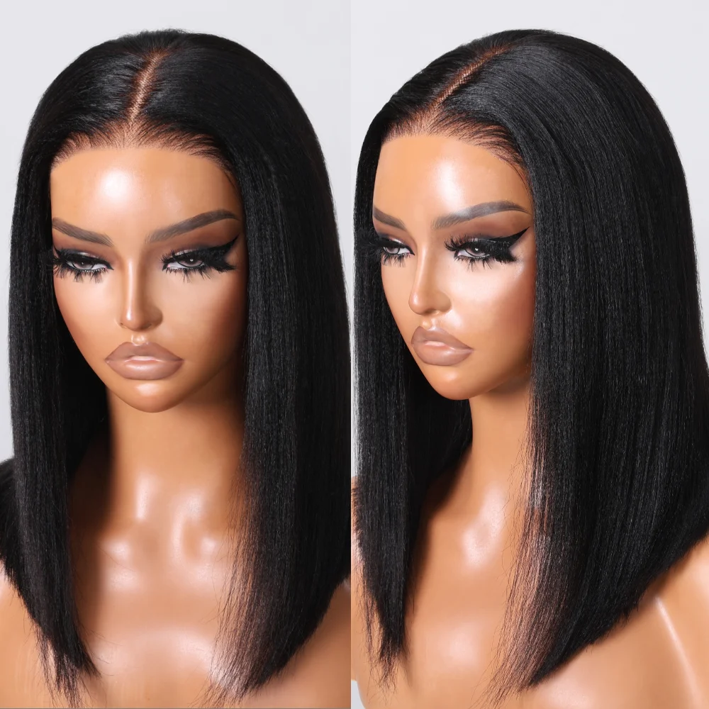 Unice cabelo cordão boné yaki em linha reta bob peruca pré corte pré branqueado 7x5 fechamento do laço perucas sem cola cabelo humano pronto para usar ir