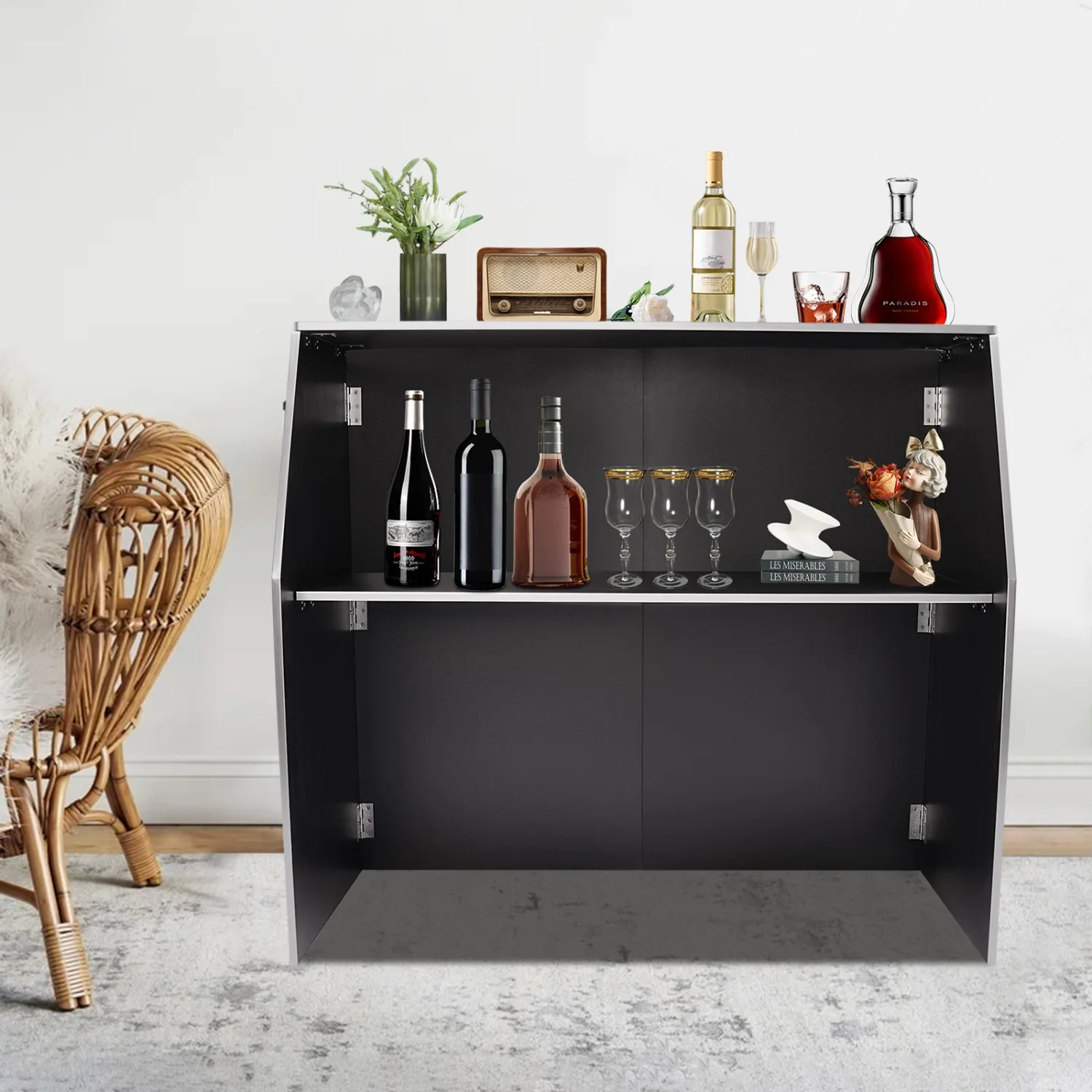 Folding Portable Event Bar with Top and Middle Shelves, Bartender Table Cabinet Station, Mobile Laminate for Parties and Events