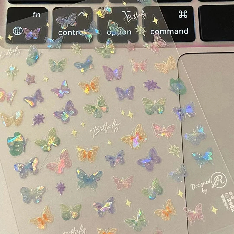1set Mode Schmetterling Flügel Streamer Laser Aufkleber Erweiterte Geprägte Nail art Aufkleber Bunte Schmetterling Fee Aufkleber