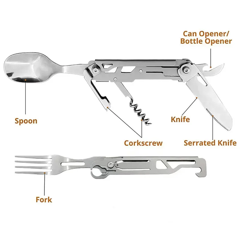 พับช้อนส้อม Multi-Function แบบพกพามีดช้อนส้อมที่เปิดขวดที่เปิด Camping อุปกรณ์สําหรับปิกนิก