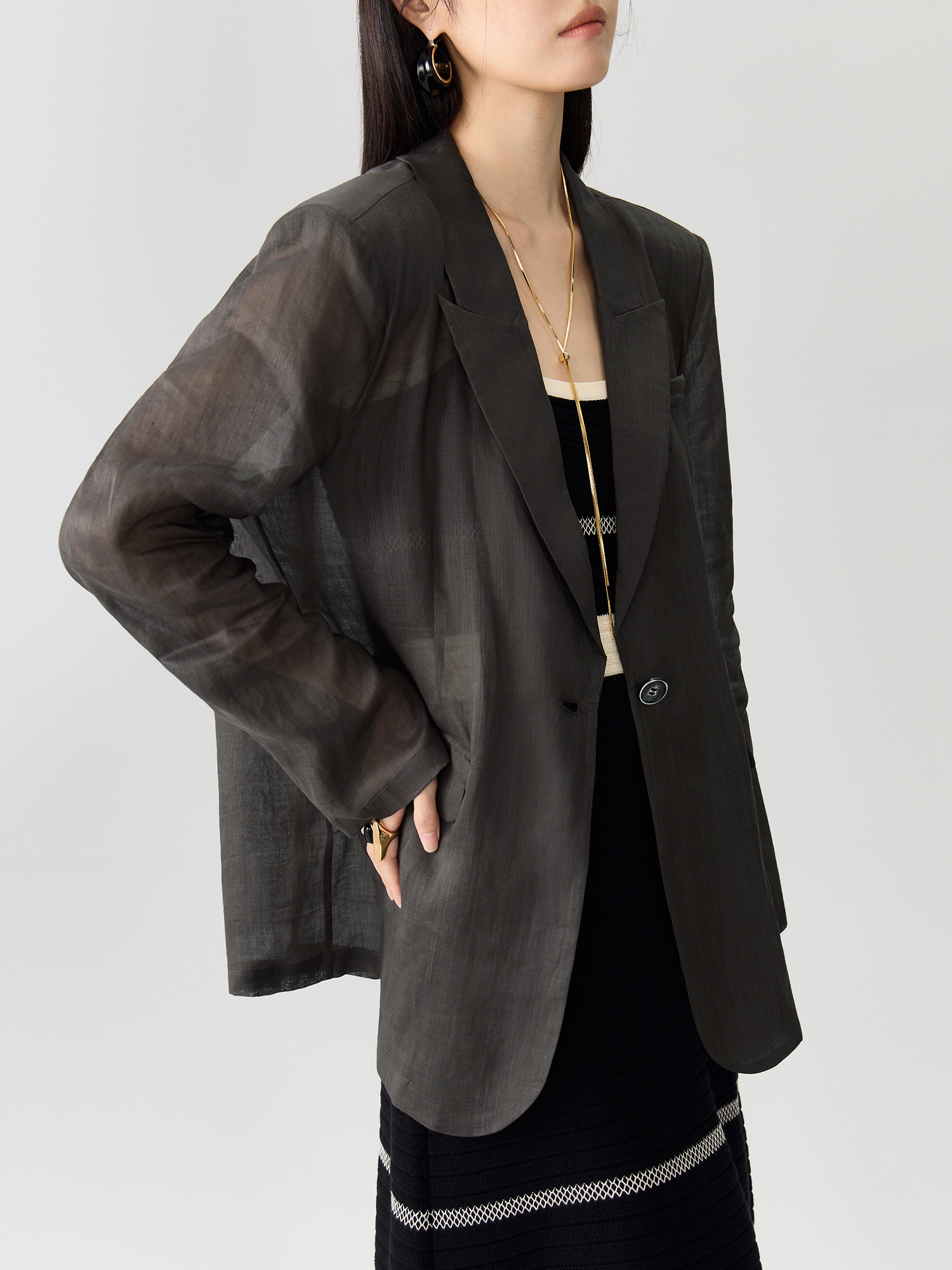 Dushu Frauen dünne Blazer Mäntel Herbst neue dunkle graue einfache elagant gekerbte Kragen Büro Dame Blazer Jacke 24 ds83130
