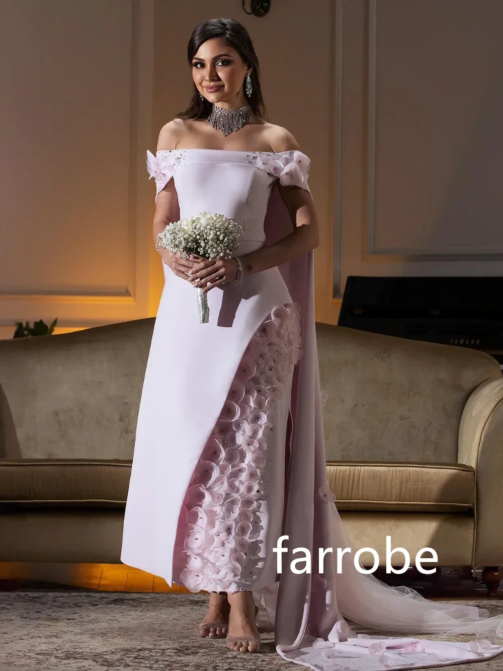 ที่กําหนดเองประณีต Jersey จีบดอกไม้ A-Line Off-the-shoulder Midi Dresses Homecoming สไตล์โมเดิร์น Pastrol Unisex สําหรับ