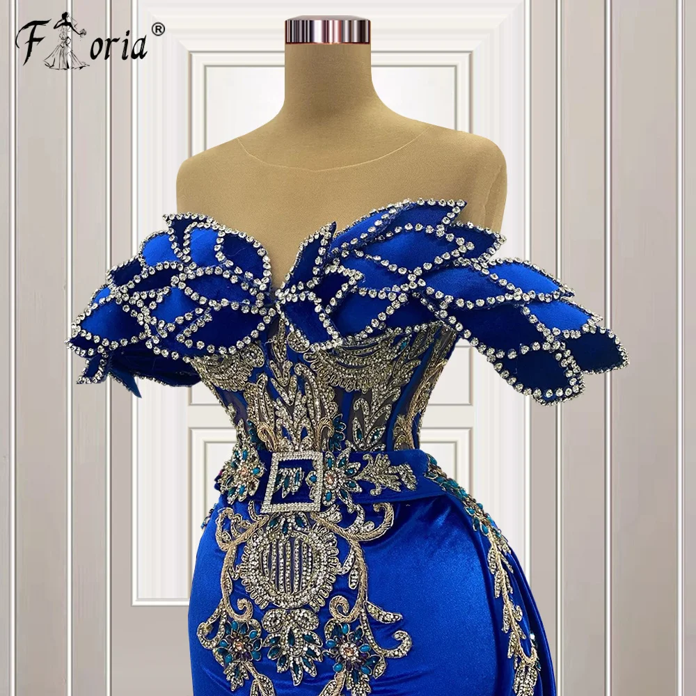 Wunderschöne Dubai-Meerjungfrau-Abendkleider, blauer Kristall, 3D-Applikationen, Partykleider, Dubai, arabisches formelles Abendkleid 2023, Robe De Soiree