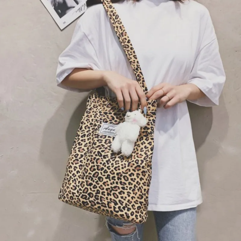 Sacola casual grande chique coreana, bolsa de ombro leopardo para senhoras, nova bolsa de compras, bolsa estampada estudante
