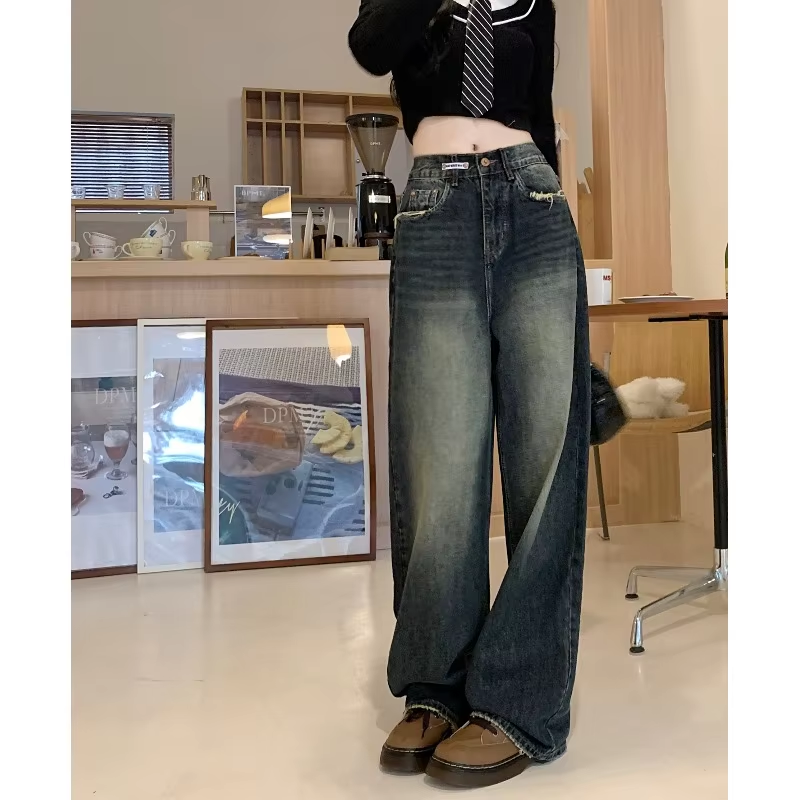 女性の原宿スタイルルーズワイドレッグジーンズ秋冬ストリートファッションレトロストレートルーズデニムパンツ ﻿