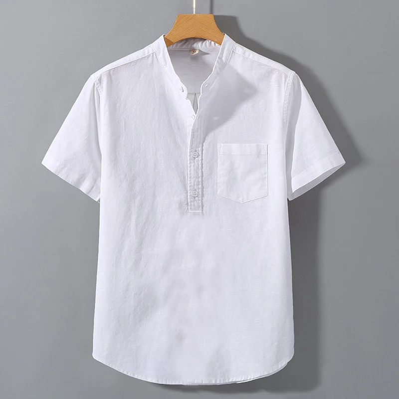 ฤดูร้อนStand Up Collarเสื้อTสีทึบแขนสั้นผ้าฝ้ายเสื้ออินเทรนด์BreathableหลวมเยาวชนBasic Pocket Top