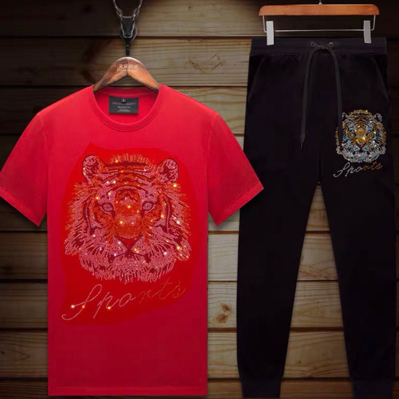 Herrenbekleidung Sommer hochwertiger lässiger Sportanzug Kurzarmhose Goldprägung Eisseide Zweiteiliges Set