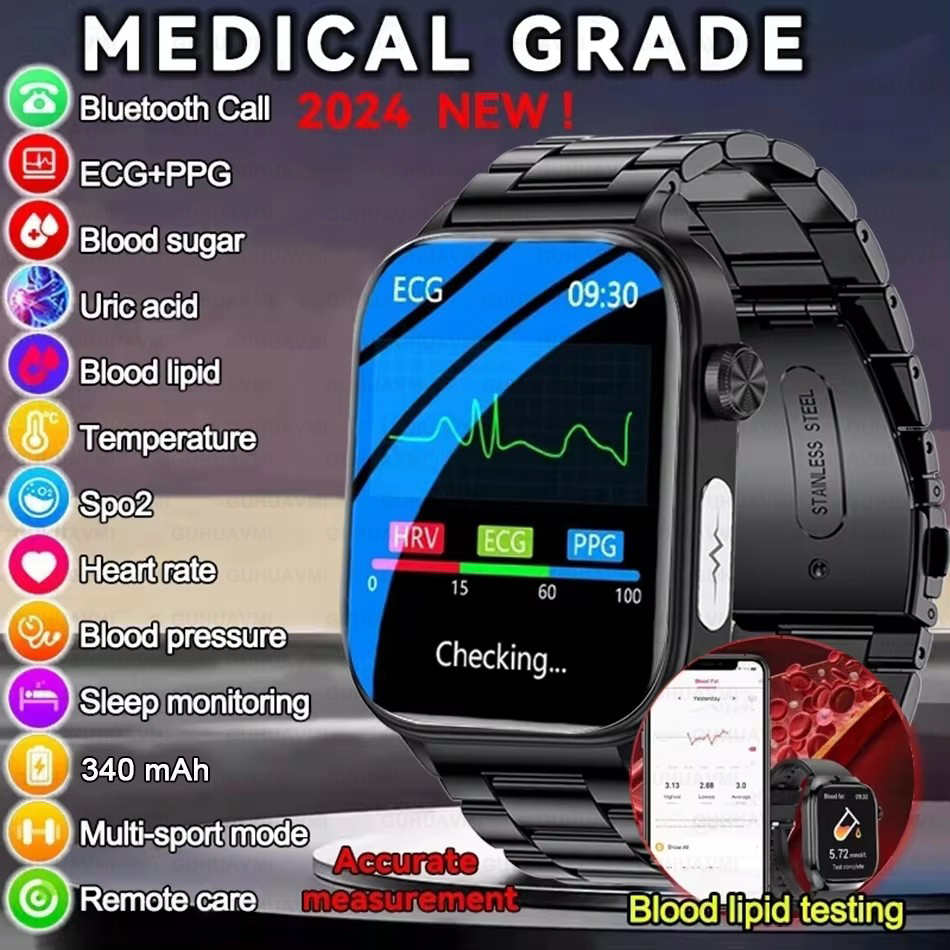 2024 novo ácido úrico gordura no sangue relógio inteligente masculino açúcar no sangue ecg + ppg pressão arterial bluetooth chamada esportes para xiaomi relógio de saúde