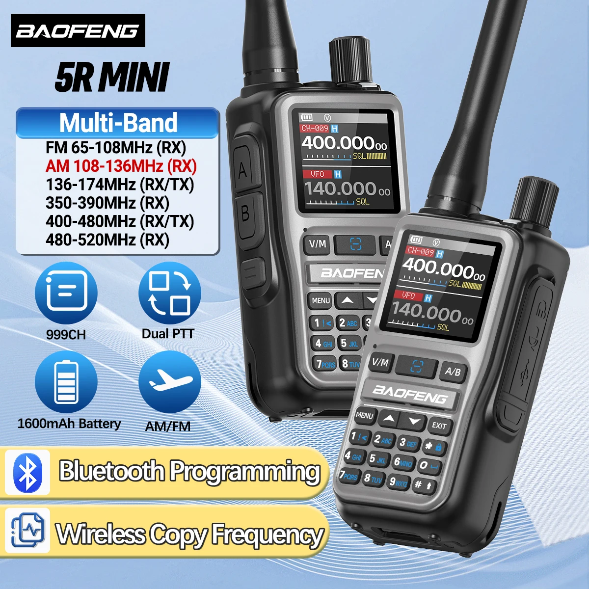 2PCS Baofeng UV-5R Mini Full Band Walkie Talkie Bluetooth Programmierung AM Drahtlose Kopie Frequenz 999CH Typ-C Tragbare ham Radio