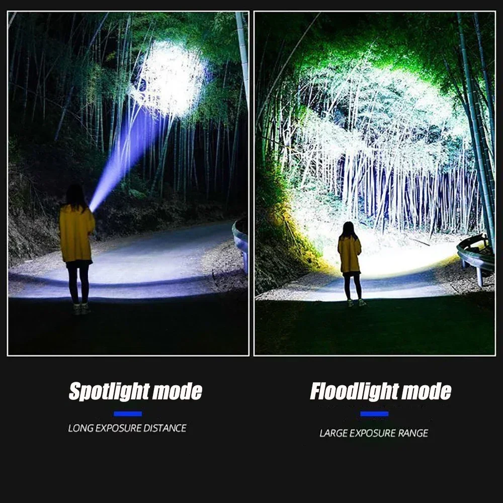 Lanterna led ultra brilhante, poderosa tocha tática, 15000mah, bateria embutida, holofotes de acampamento de emergência com luz traseira
