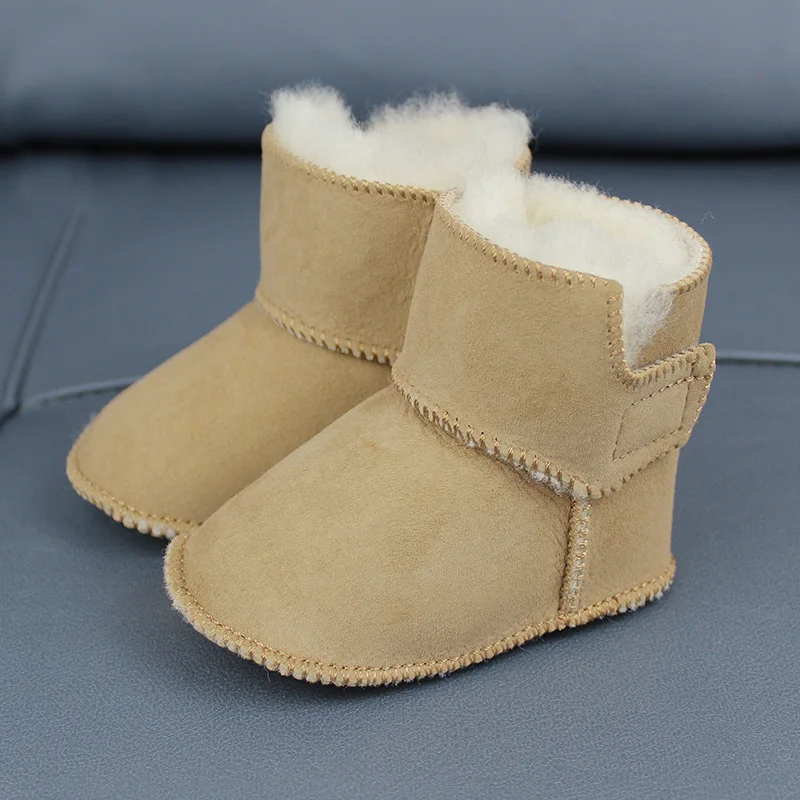 ใหม่ของแท้หนัง Soild ห่วงตื้นฤดูหนาว Super Warm Snow Boot ขนสัตว์เด็กทารก First Walkers