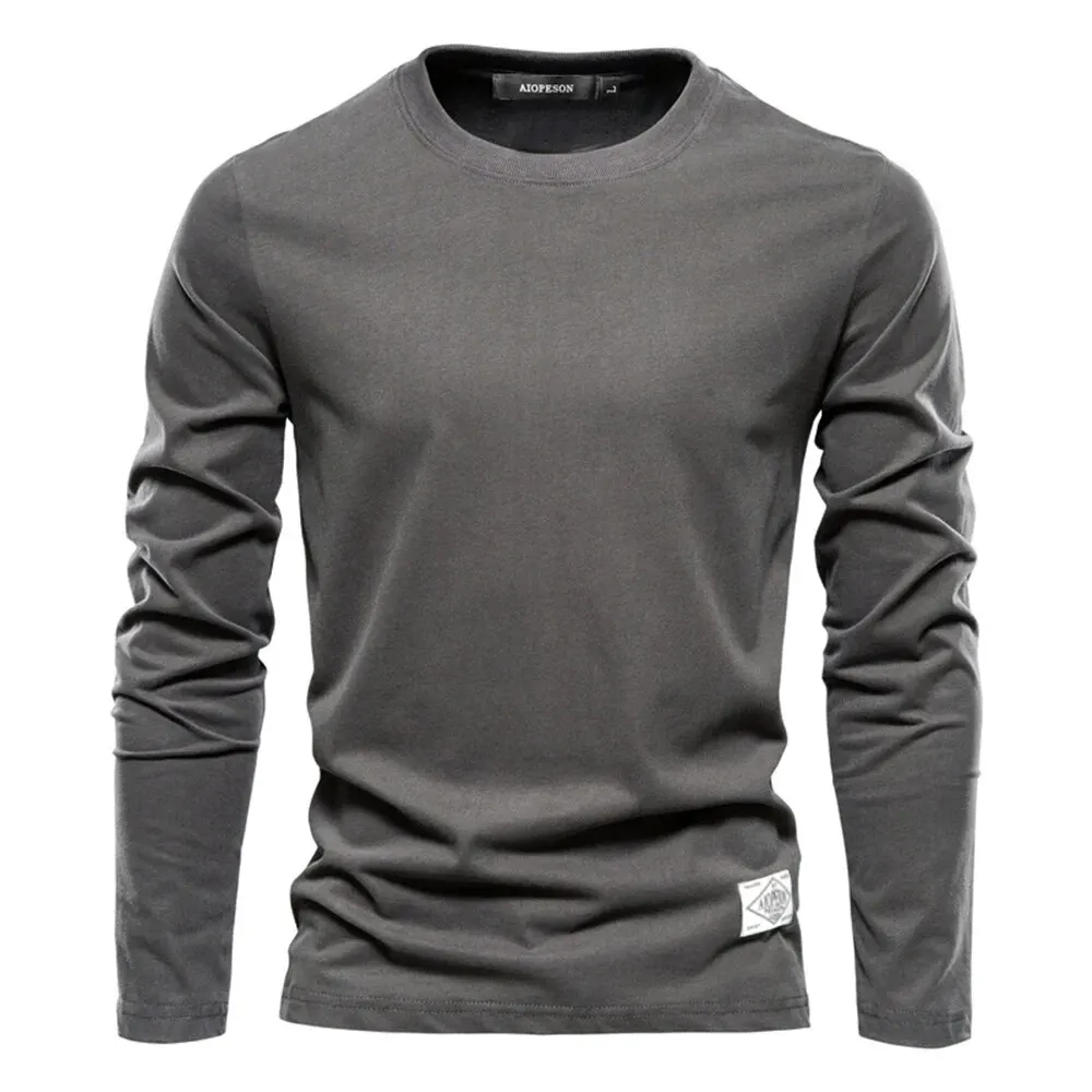 Camiseta de manga larga 100% de algodón para hombre, camisetas informales sólidas de primavera, camisetas clásicas de alta calidad