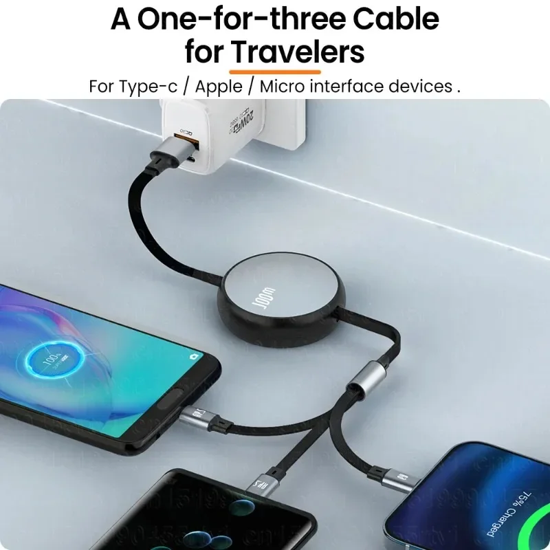 6A 100W 3 in 1 Fast USB Cable for Huawei/Honor Retractable Portable 3 in 1 Micro USB Type C Charger Cable For iPhone Samsung