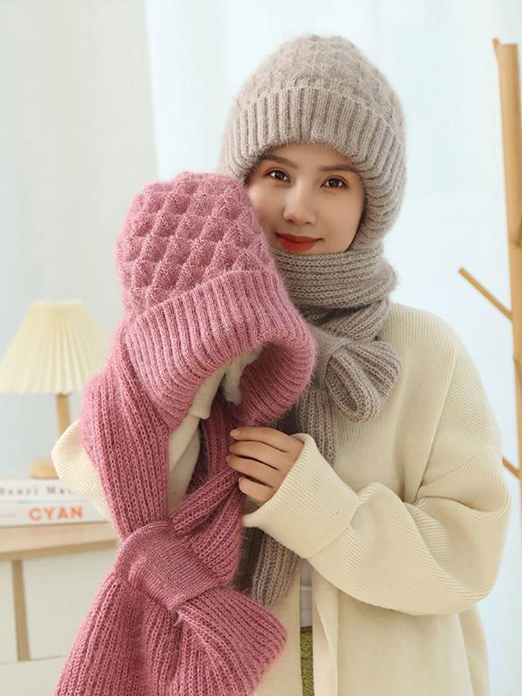 Knitted Wool Hat & Scarf Set Outdoor Windproof Ski Beanie Skullies Hat Neck Scarves All-in-one Ear Protectio Cold-proof Neck Cap