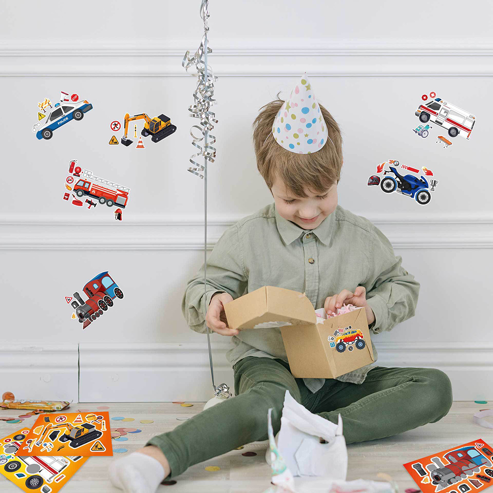 8/16Sheets DIY Engineering Car Puzzle Stickers Make a Face Children Create Your Own Motorcycle Train Truck Jigsaw Game Kids Toy