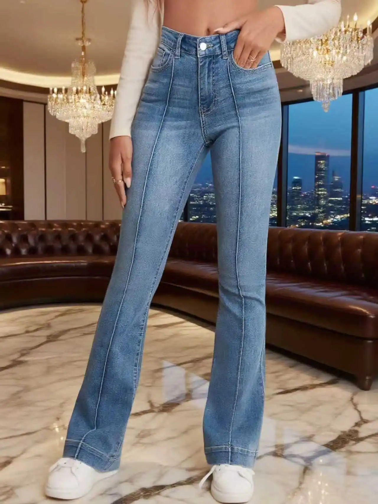 Graue Stretch-Jeans für Damen, ausgestellte Jeans, französisches Nahtdetail, schlichtes Design, vielseitige, schlankmachende Bootcut-Hose, Damenhose, Hose, Jeans