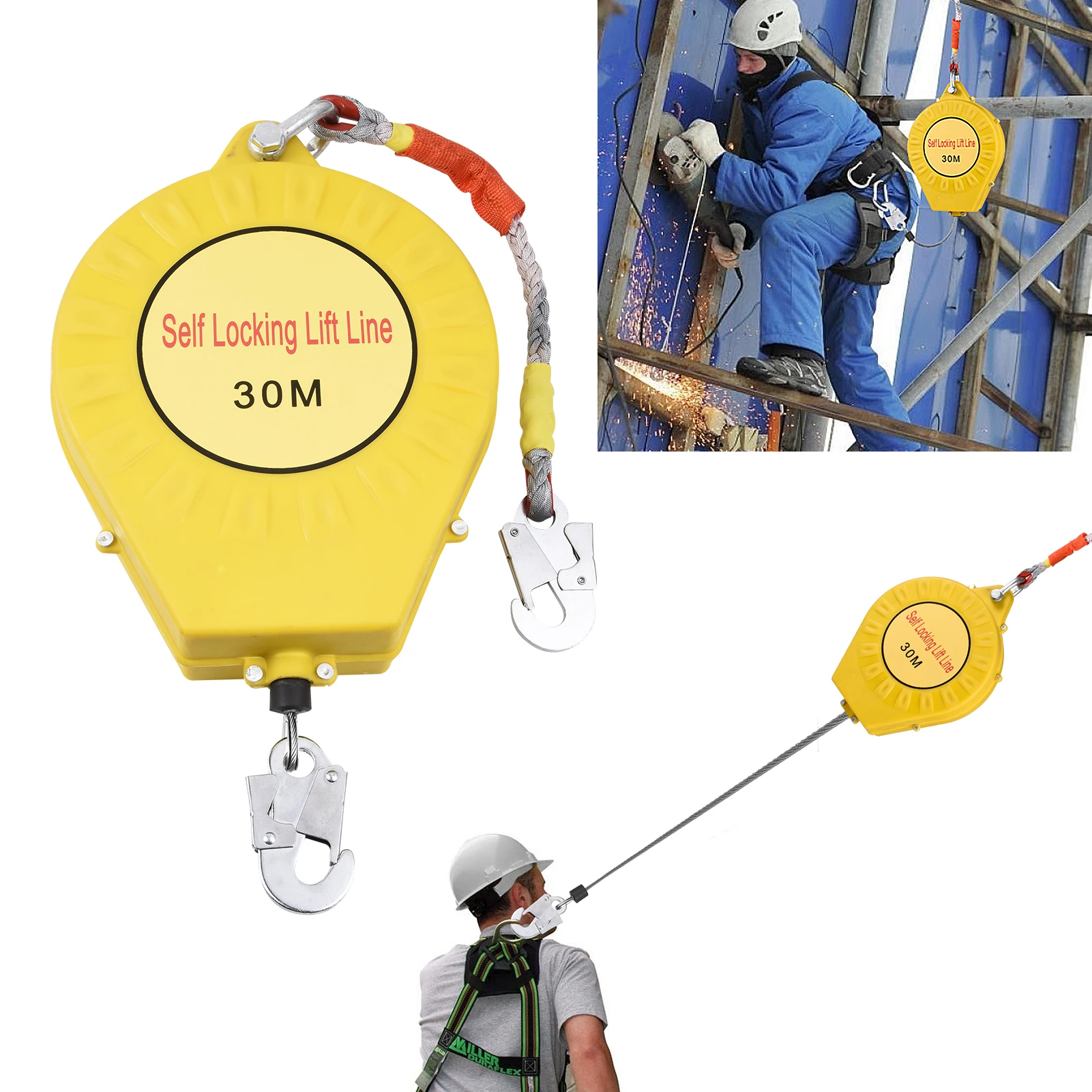 98ft Retractable Fall Arrest System, 330lbs/150kg Weight Capacity, Alloy Steel Hook Lifeline for Roofing & Construction Safety