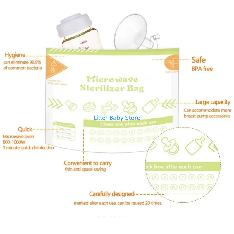 N80C Universal-Mikrowellen-Sterilisatorbeutel, Packung mit 10 Stück, Mikrowellen-Desinfektionsbeutel für Babyflaschen,