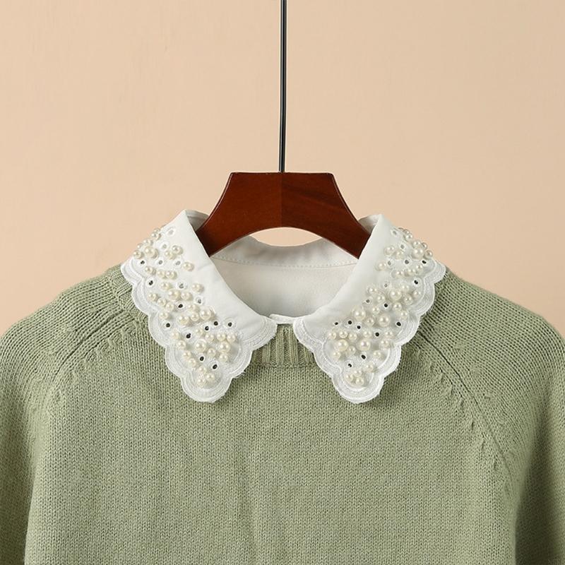 N5KB Korean Imitation Pearl Beaded Fake Collar for Women Detachable White Dickey Blouse Hollow Out Embroidery Scalloped
