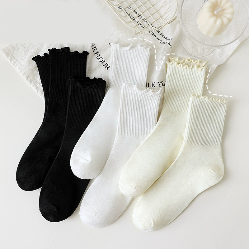 Calcetines con volantes Harajuku para mujer y niña, calcetines blancos y negros de tubo medio de algodón dulce, calcetín corto holgado hasta el tobillo suave y transpirable Jk Lolita