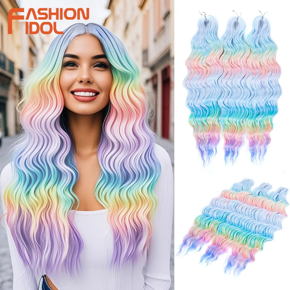FASHION IDOL 24 Zoll Wasserwelle Anna Haar Synthetische Flechten Haarverlängerungen Regenbogenfarbe Deep Wave Twist Häkeln Lockiges Haar