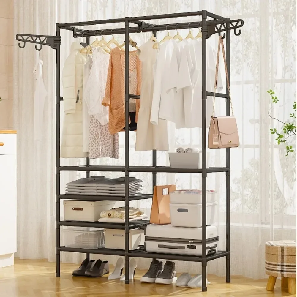 Floor Clothes Rack Double/Three Row Hangers Shoe Storage Rack With Hanging Hooks Rods For Coat And Shoe Household Clothes Hanger