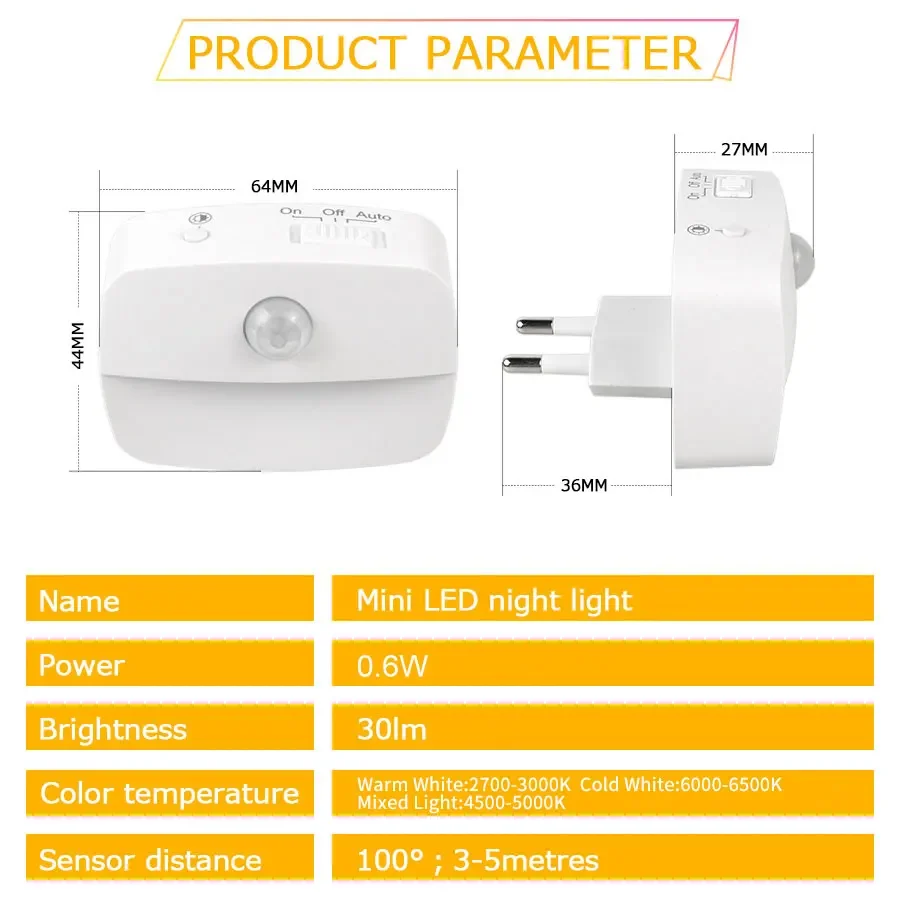 Luce notturna a LED Spina europea con sensore di movimento intelligente Lampada da parete 220V per corridoio domestico WC Corridoio Scala Cucina Camera da letto Lampada da notte