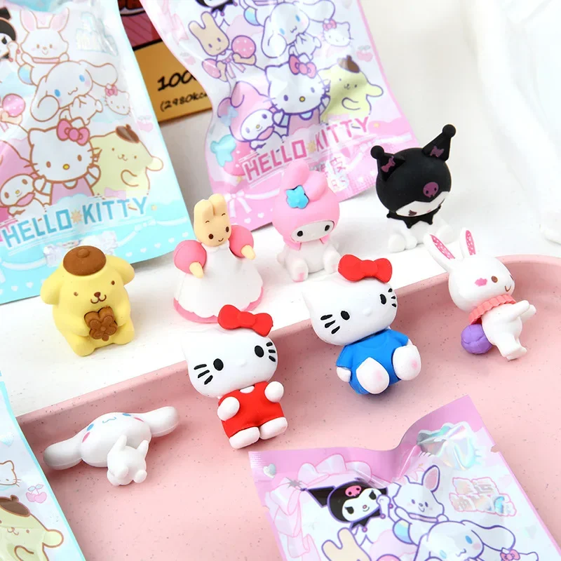 Sanrio 만화 지우개 고무 16/32pcs Kawaii 학생 문구 Kuromi 헬로 키티 3D 지우개 청소 도구 학교 어린이 선물
