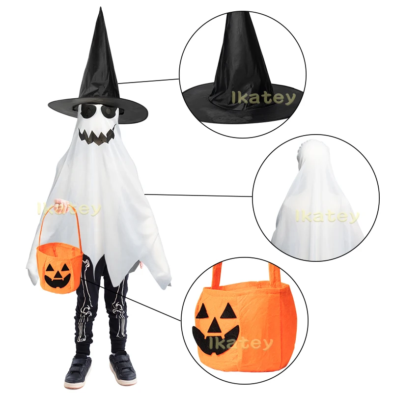 6PCS Scary Halloween Ghost Costume for Kids White Ghost Face Poncho Accessories Candy Pumpkin Buckets Witch Hats Party Supplies